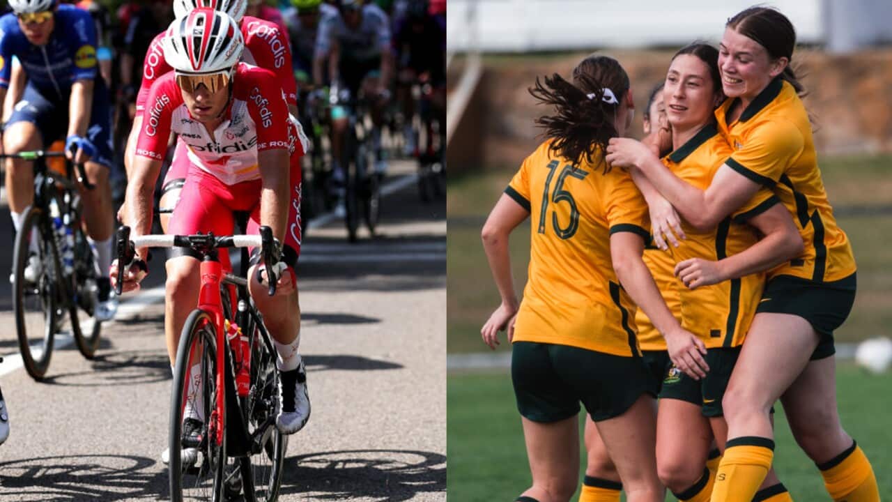 Rémy Rochas of Cofidis during the 2021 Vuelta a Espana (L), as the Young Matildas celebrate a goal