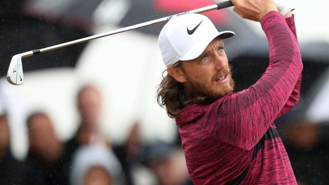 England's Tommy Fleetwood tees off.