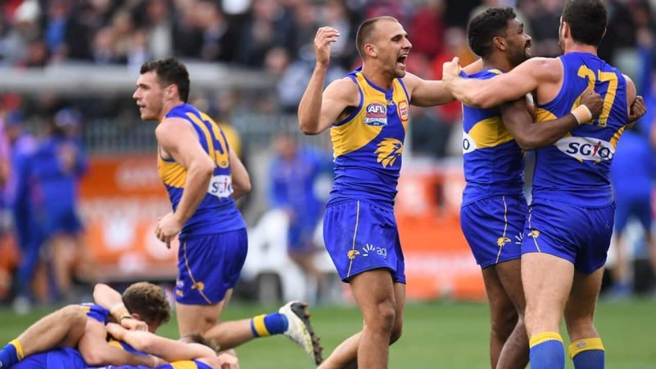West Coast players celebrate after their come-from-behind AFL grand final win over Collingwood.