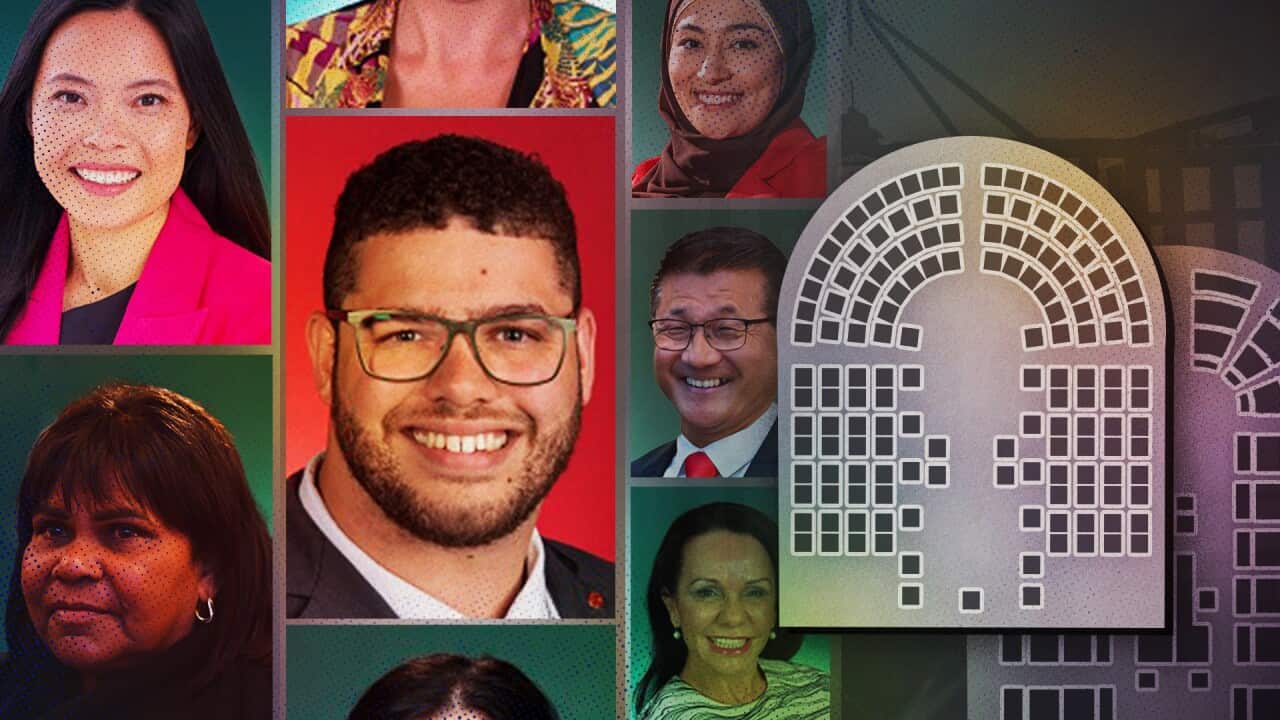 A collage of parliamentarians on the left, with a graphic of Australia's two parliament chambers on the right.