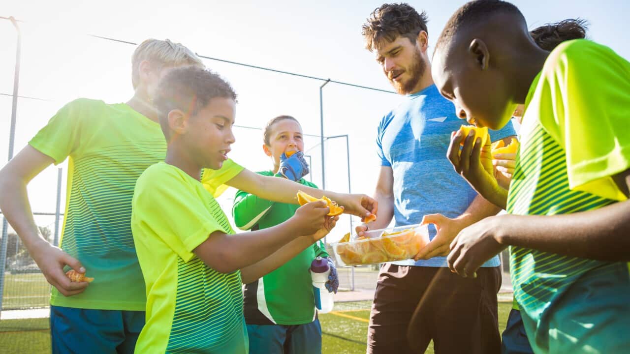 Boys soccer team eating oranges at half time