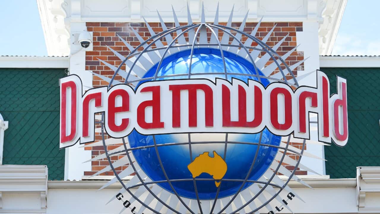 Signage is seen outside the Dreamworld Theme Park