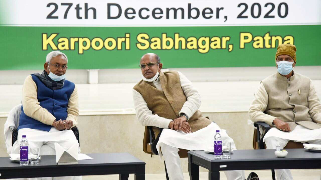 Bihar chief minister Nitish Kumar with MP K.C. Tyagi and others during a National executive meeting