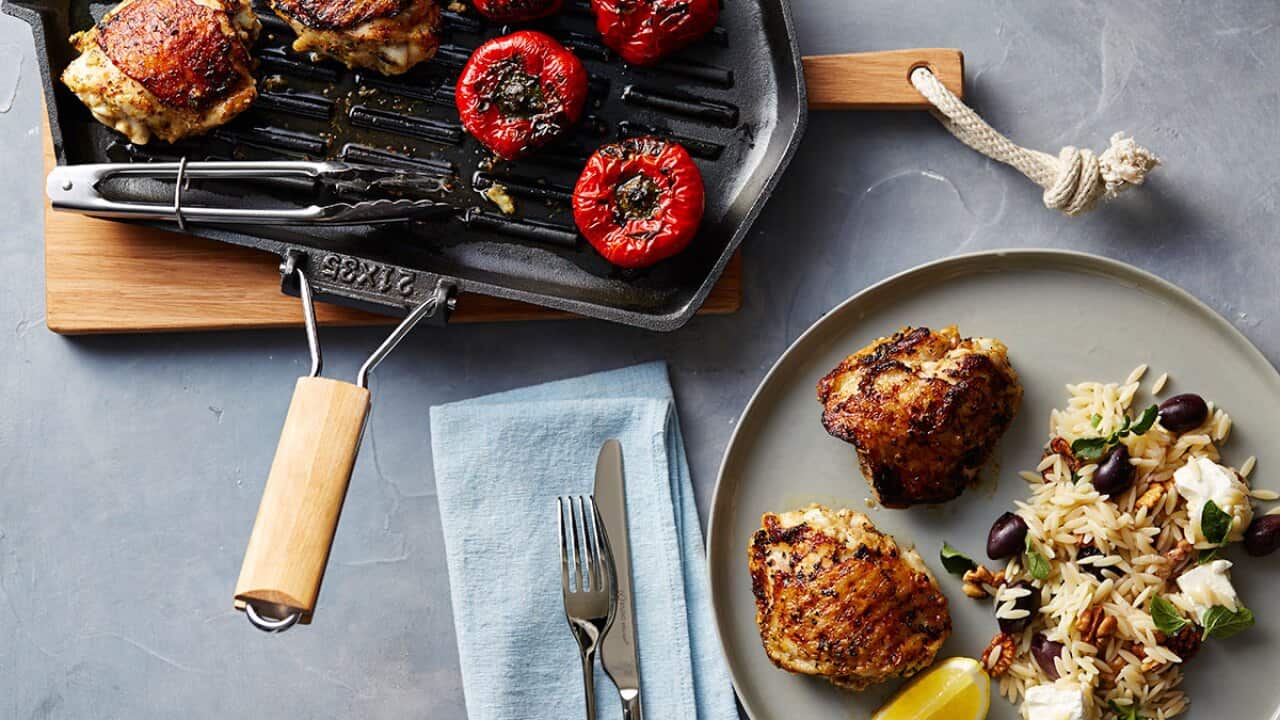 Greek-inspired barbecue chicken with roasted capsicum, olive and orzo salad