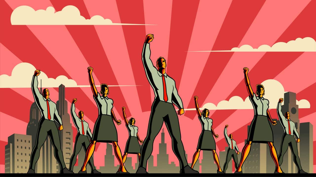 Vector Retro Propaganda Style Workers with Fist in the Air Stock Illustration