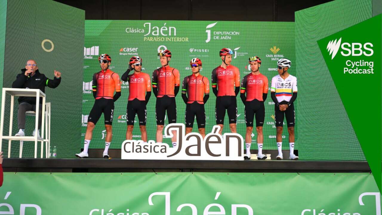 UBEDA, SPAIN - FEBRUARY 17: Egan Bernal of Colombia, Omar Fraile of Spain, Michal Kwiatkowski of Poland, Ben Turner of Great Britain, Axel Laurance of France, Oscar Rodriguez of Spain, Connor Swift of Great Britain and Team INEOS Grenadiers prior to the 4th Clasica Jaen Paraiso Interior 2025 a 169.2km one day race from Ubeda to Ubeda on February 17, 2025 in Ubeda, Spain. (Photo by Tim de Waele/Getty Images)