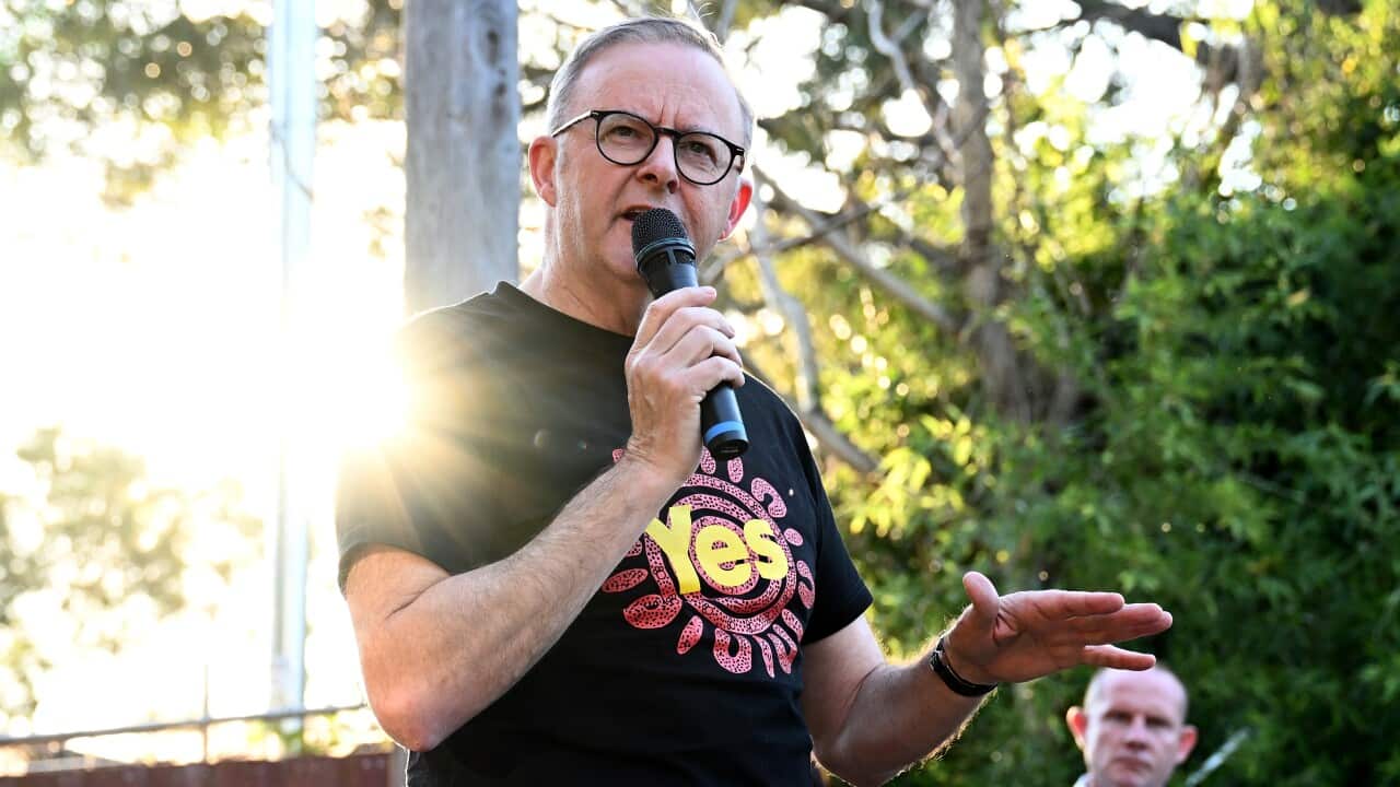 Prime Minister Anthony Albanese speaks during a ‘yarn around the table’ event with Noel Pearson and Summer Hill locals to discuss the upcoming referendum, Sydney, Saturday, September 16, 2023.