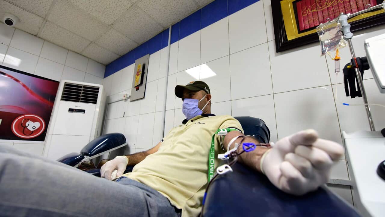 A man donates his blood at Baghdad Medical City in Baghdad, Iraq, 18 June 2020