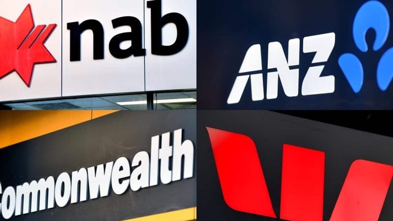 Composite image of the NAB, ANZ, Commonwealth and Westpac bank signs.