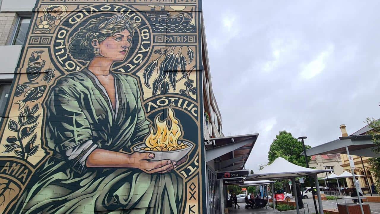 view of Greek inspired mural at Marrickville Lane, Sydney
