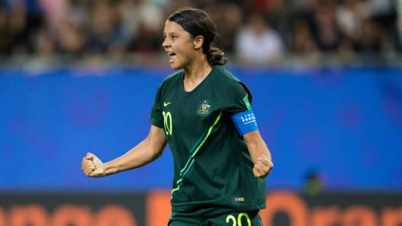 Sam Kerr celebrates a goal for the Matildas