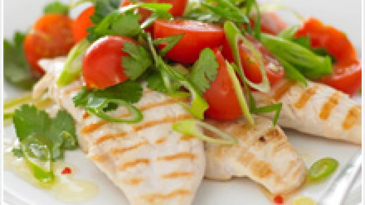 Chicken tenderloins with coriander salad SBS Food