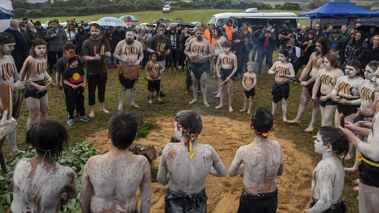 Kooyang Parreeyt Maar Dance Group perform at an official ceremony celebrating native title recognition for the Eastern Maar people. (Tiffany Garvie, Eastern Maar Aboriginal Corporation).jpg