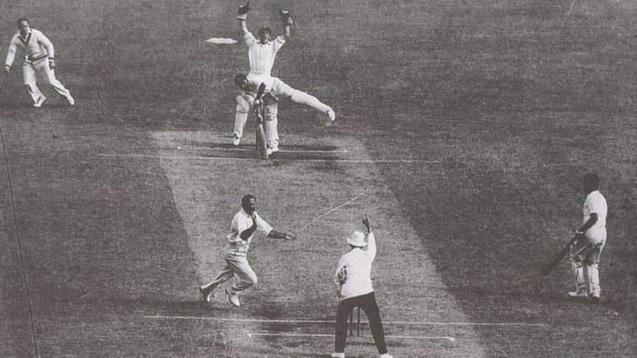 Sid Barnes LBWs Amarnath at the MCG in 1948