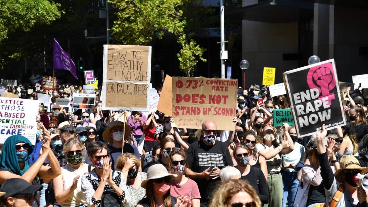 Thousands gather during the Women's March 4 Justice in Sydney, Monday, March 15, 2021. Marches are being held around the country to raise awareness of sexual harassment against women in government and workplaces. (AAP Image/Dean Lewins) NO ARCHIVING