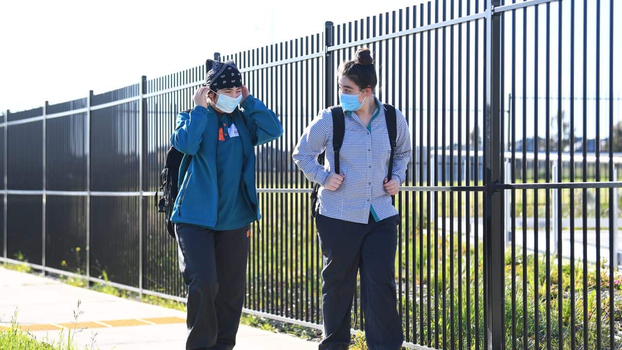 Year seven students arrive to Elevation Secondary College in Craigieburn, Melbourne, in October.