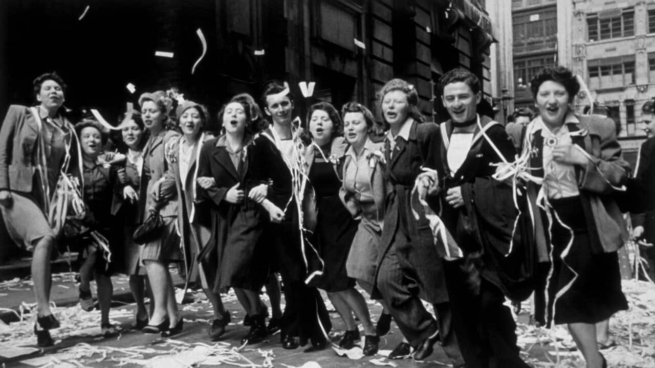 8th May 1945 - People dancing in the streets of London during the celebrations for VE Day (Getty).