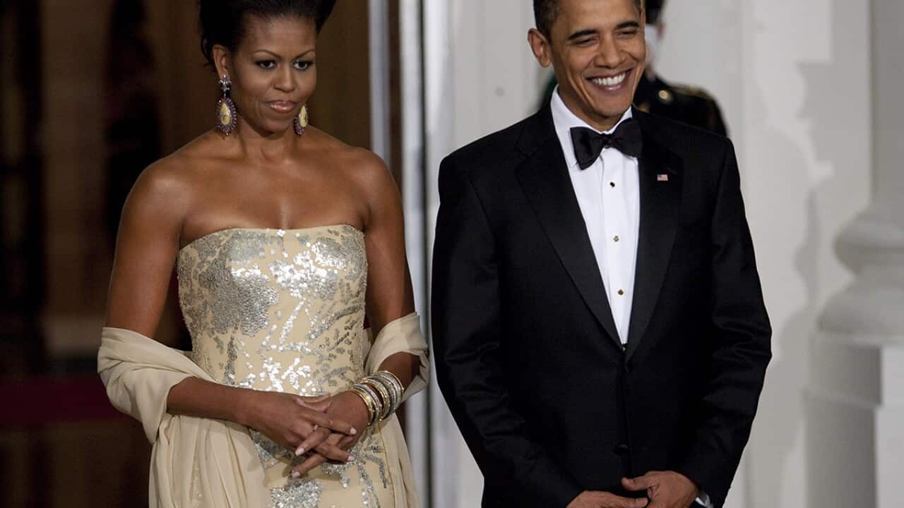 Former First Lady Michelle Obama wears a dress by Naeem Khan, described as a 'nude', when it's anything but. 