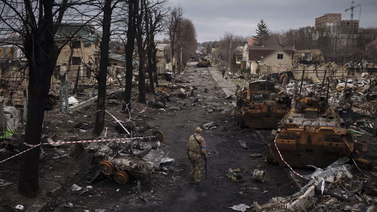 Destroyed buildings in the Ukrainian village of Bucha