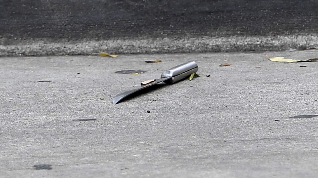 A knife is seen at a shopping centre adjacent to Bonnyrigg high school, west of Sydney, Thursday, Feb. 2, 2017. (AAP)