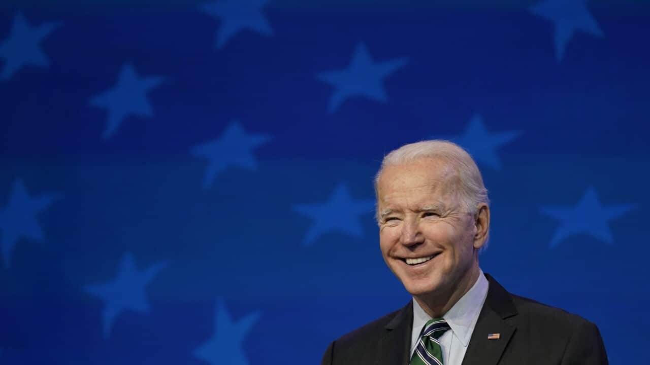 President-elect Joe Biden speaks during an event at The Queen theater, Saturday, Jan. 16, 2021, in Wilmington, Del. (AP Photo/Matt Slocum)