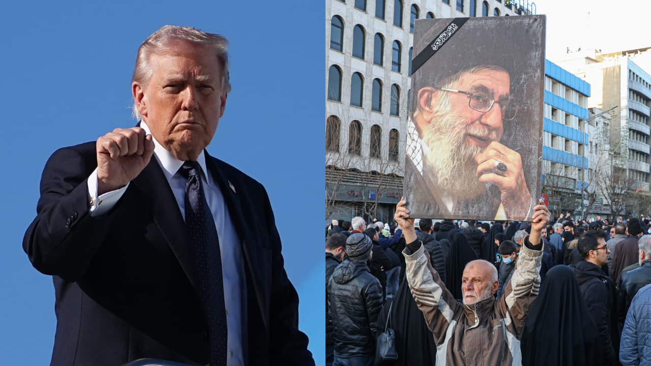 A two-way header image of US President Donald Trump and people gathered holding up a picture of an elderly man.
