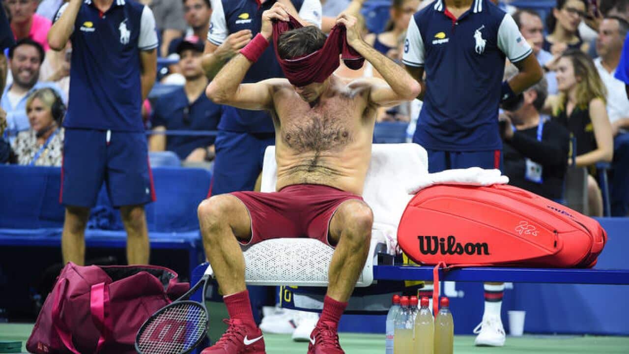Roger Federer during his first round at the 2018 US Open in New York