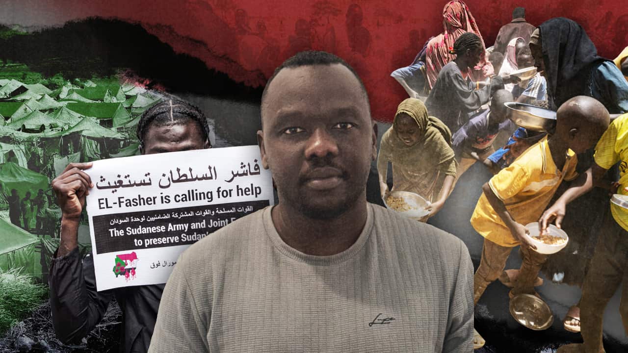 A stylised image of a man in the centre, featuring a person hiding behind a poster and people holding food bowls.