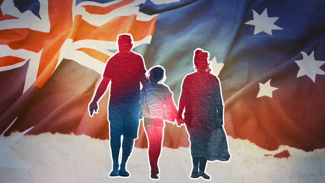 A composite image showing the Australian flag in the background and an image of a couple with one child