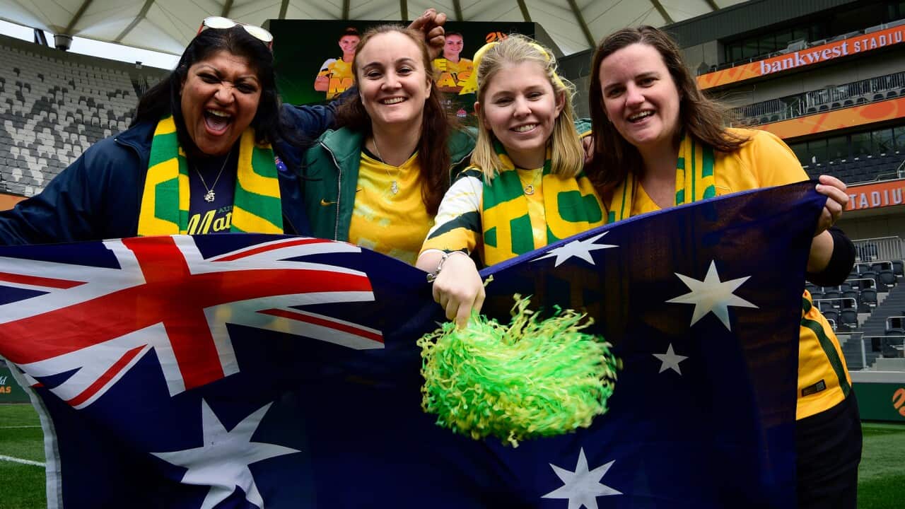 Matildas fans pose for a photo ahead of Saturday's game against Chile
