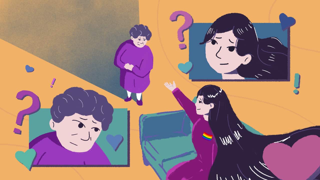 A colourful illustrated graphic depicting a young Chinese Australian woman sitting on a therapy couch, reaching out towards her mother who is standing in the background with her arms folded.