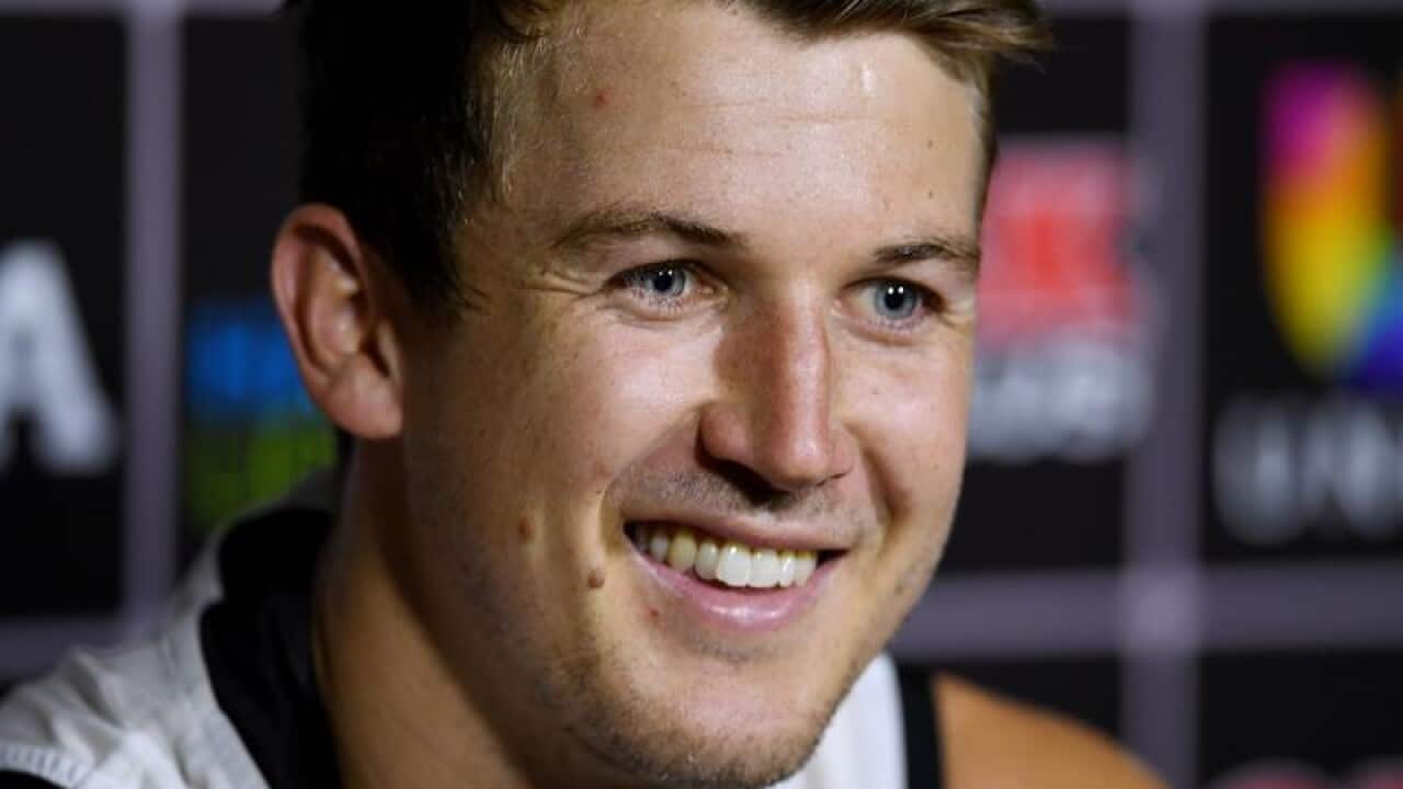 Port Power player Jack Trengove speaks to the media.