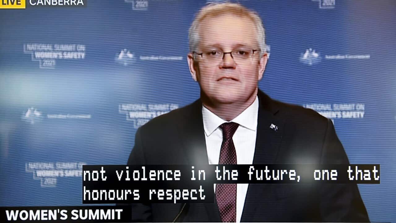 Scott Morrison delivers a keynote speech via video link during the National Summit on Women’s Safety