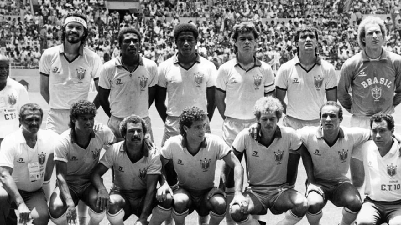 The Brazilian team line up for photographers before their Football World Cup second round match against Poland in Guadalajara, Mexico in this June 16, 1986. Among them Socrates. (AAP/FILE)