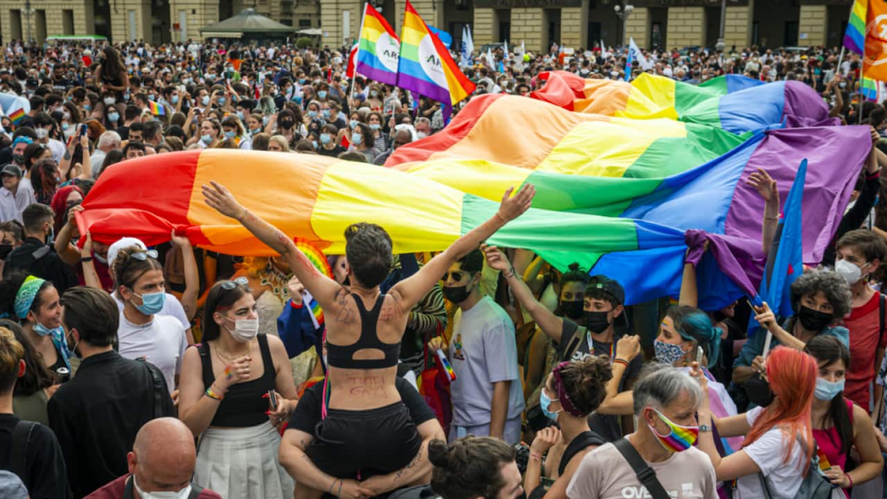 A giant rainbow flag is displayed during a demonstration for the approval of the Zan law against homophobia earlier this month.