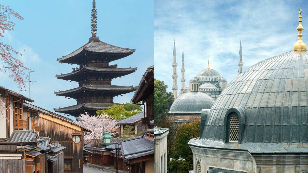 Two images, one of traditional architecture in Kyoto, Japan, the other an elevated view of Instanbul's Blue Mosque.