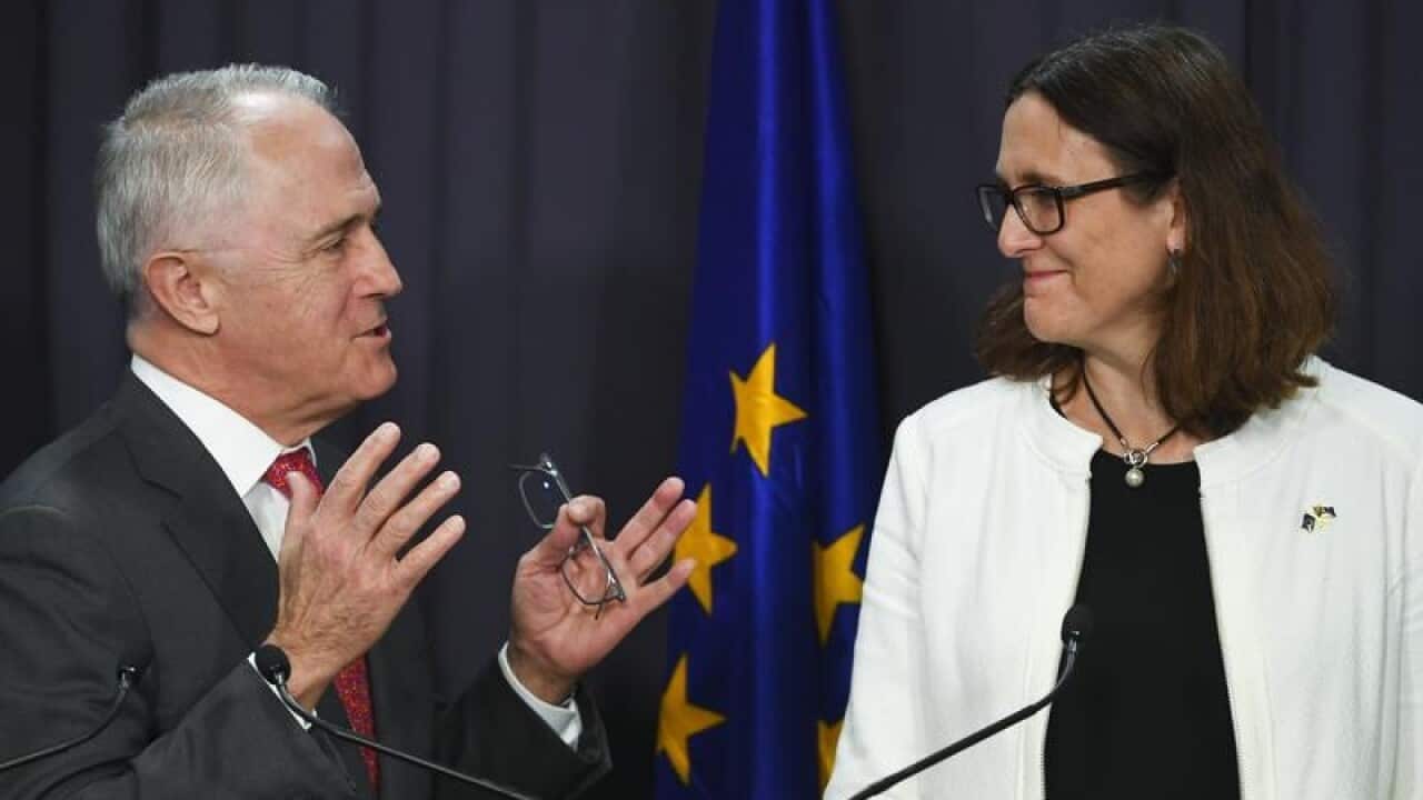 PM Malcolm Turnbull (left) and EU Trade Commissioner Cecilia Malmstrom