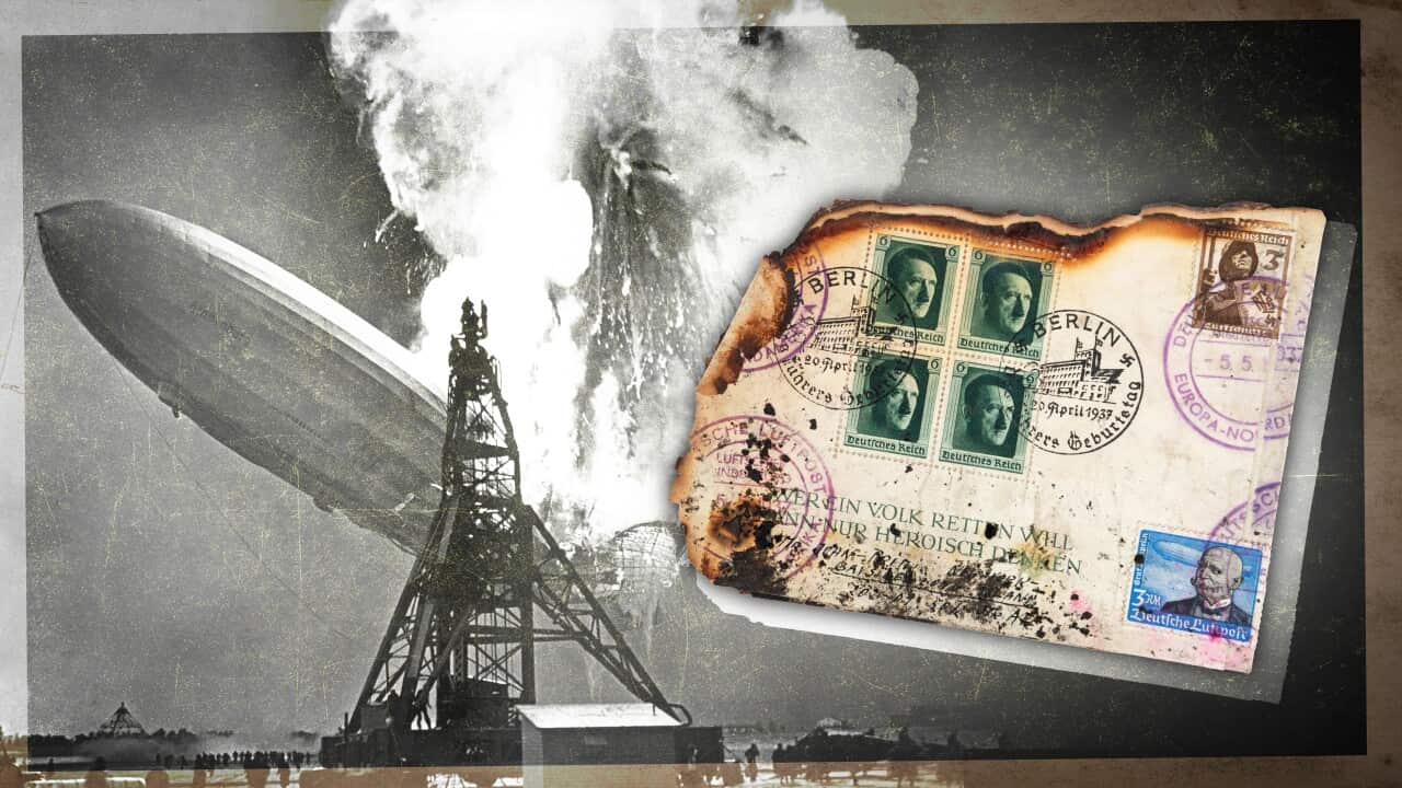 A graphic showing a charred envelope with stamps set against a photo of the Hindenburg airship crashing to the ground.