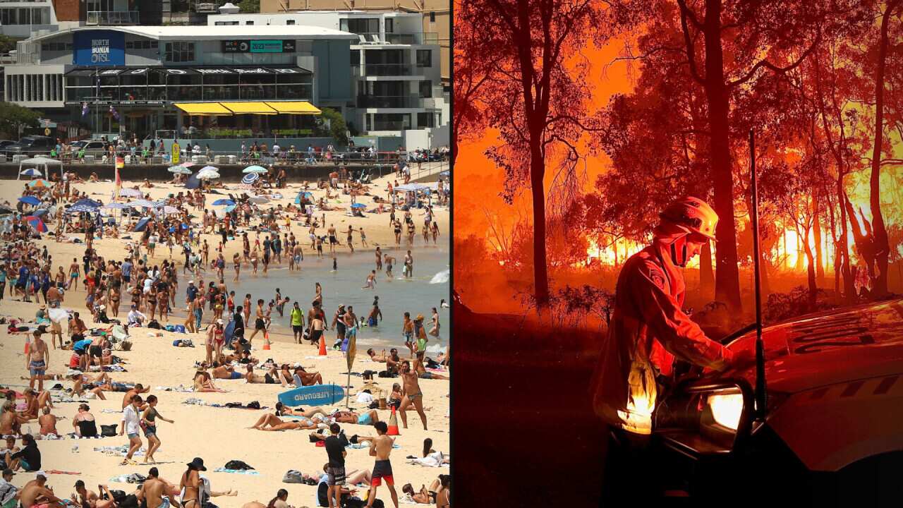 A split image. On the left is people seated on the sand at a beach. On the right is a firefighter standing in front of a parked vehicle as a bushfire rages behind him.