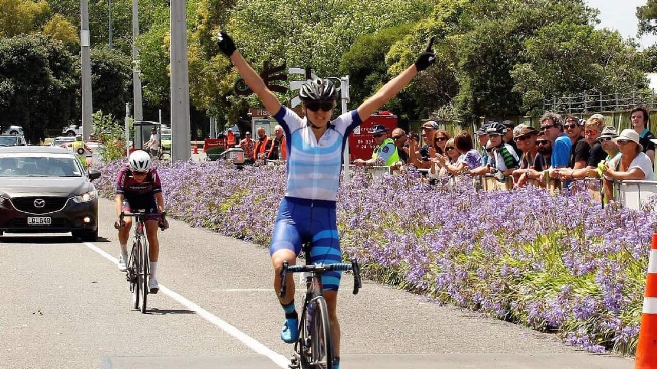 Instagram image of Brodie Chapman crossing the line with arms in the air to win the inaugural Gravel and Tar La Femme and looks in great form ahead of defending her Jayco Herald Sun title (Brodie Chapman Instagram)