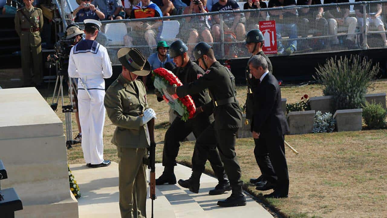 Turkish soldiers lay a wreath at the Lone Pine ANZAC service in 2015.
