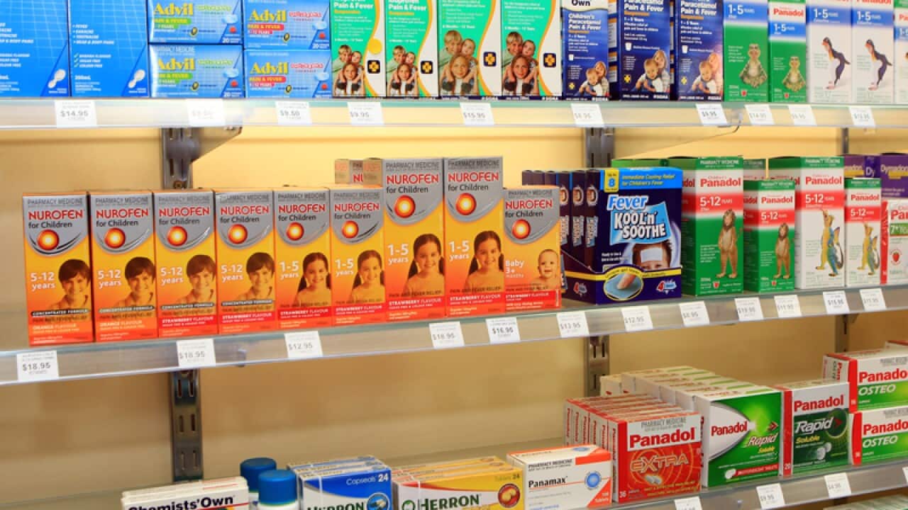 Over-the-counter painkillers at a pharmacy