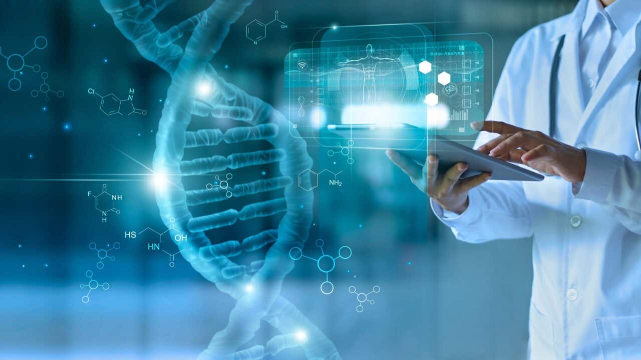 Montage of doctor assessing electronic genomic record on tablet, with holographic, virtual backgrond.