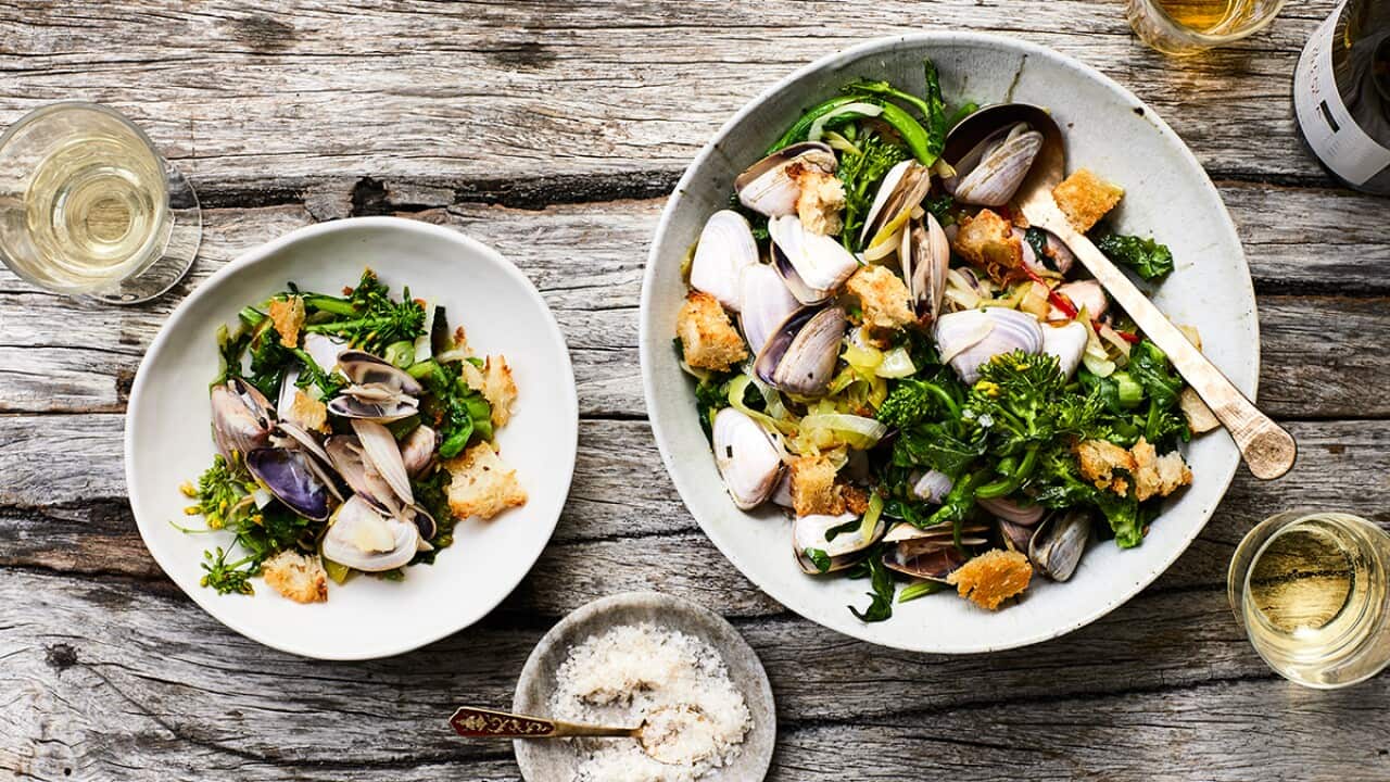 Baby clams with pan-fried broccoli rabe
