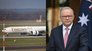 A composite image of an Emirates plane and Anthony Albanese