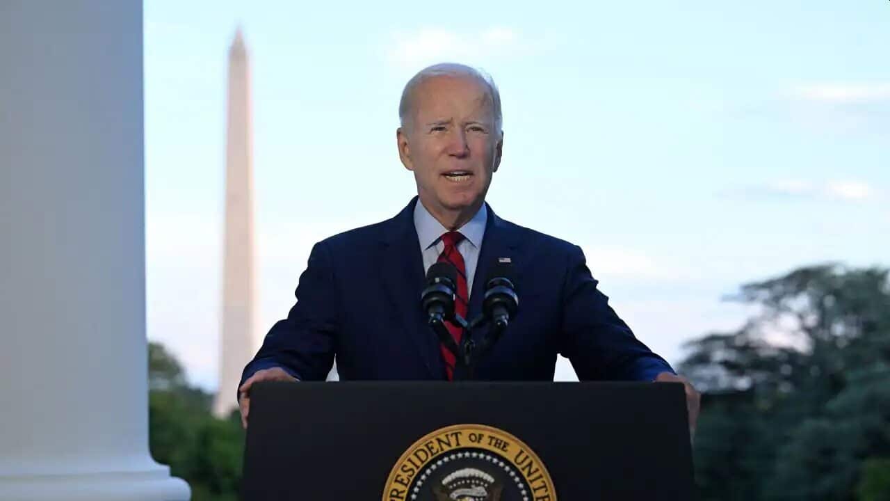 US President Joe Biden speaks on a "successful" counter-terrorism operation that killed al-Qaeda chief Ayman al-Zawahiri, from the Blue Room balcony of the White House in Washington, DC, on Tuesday.