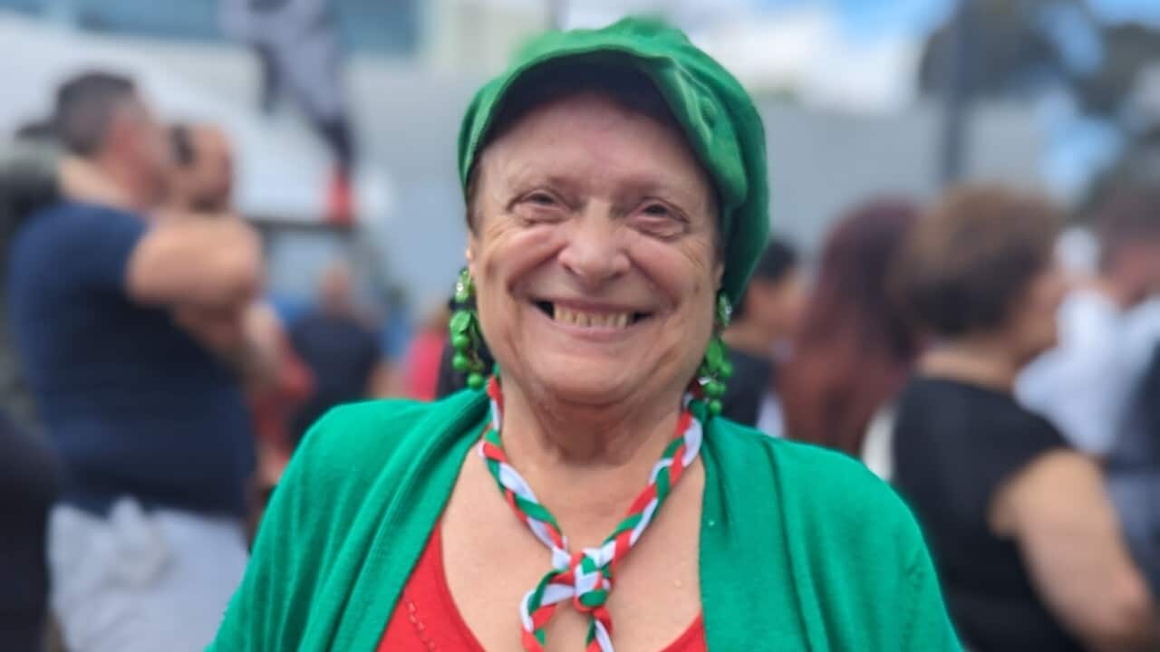 A woman wearing red, green and white clothes to celebrate Italy at the 2024 Melbourne Italian Festa.