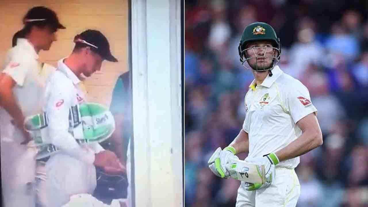 Left: An image grab of the social video showing Cameron Bancroft in the tea room spooning sugar into his hand, and left, the cricketer at the Ashes.