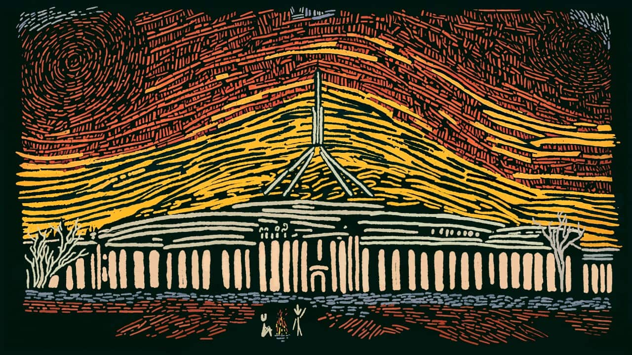 “This piece shows our way of life, cultural values, desires and issues flowing above parliament house, with two people waiting to see the result.” -– Jeremy Worrall
