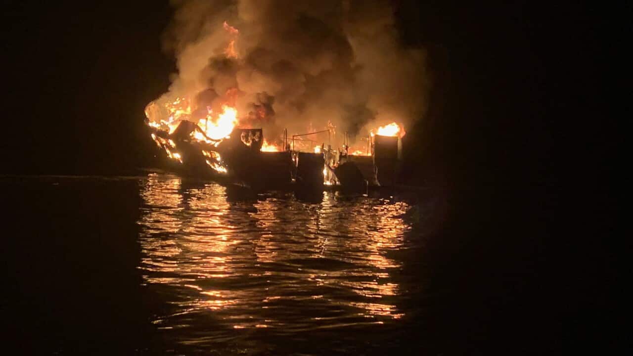 VCFD firefighters respond to a boat fire off the coast of southern California, Monday, Sept. 2, 2019. 